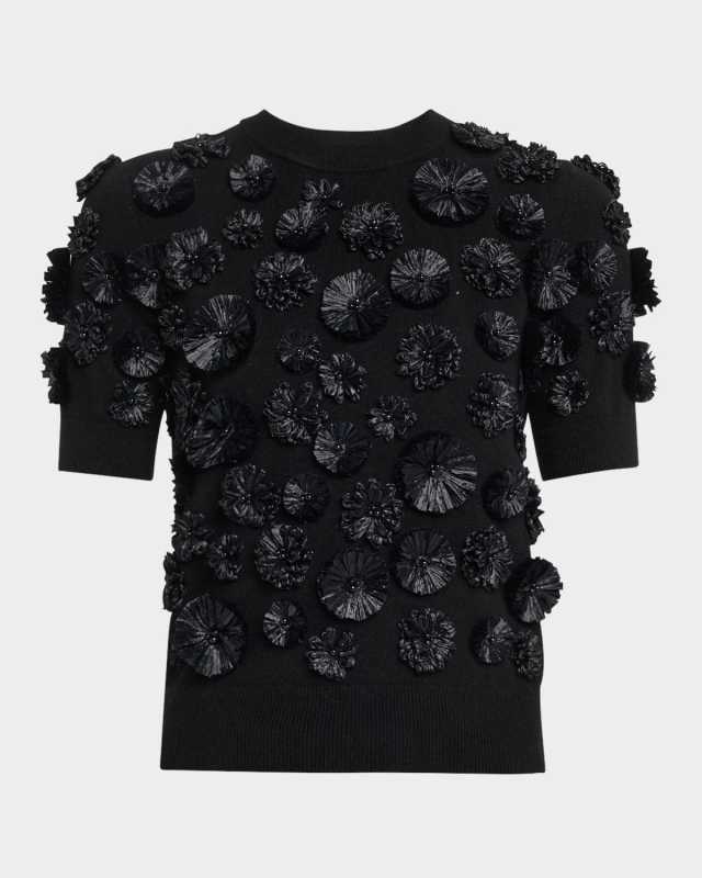 Floral Embroidered Short-Sleeve Cashmere Sweater